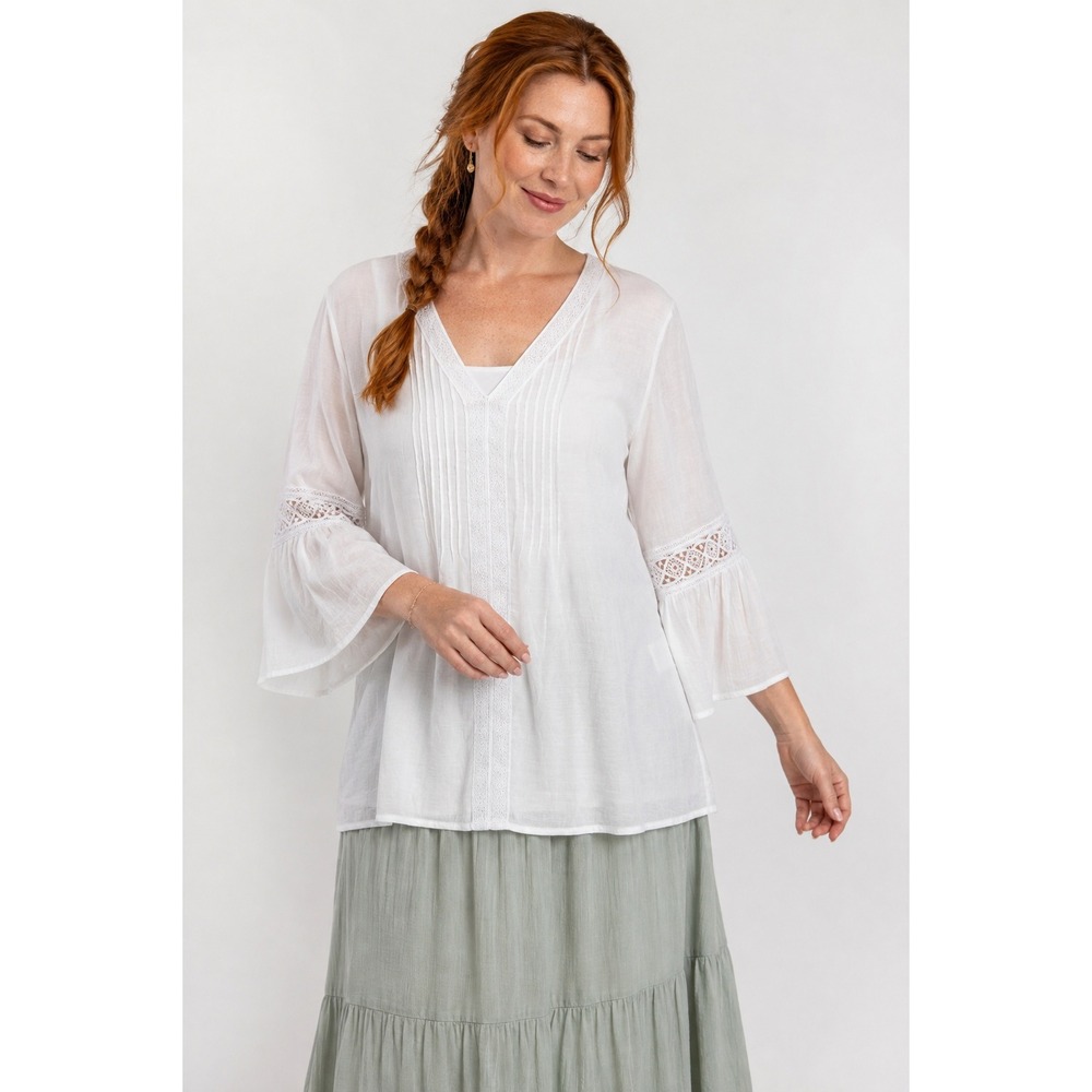 White Lace Bell Sleeve Blouse XL Pintuck V Neck Romantic Boho Fairy Ethereal